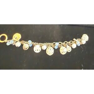 Gold Tone Sand Dollar Charm Bracelet Blue White Nautical Toggle Clasp 7.5in